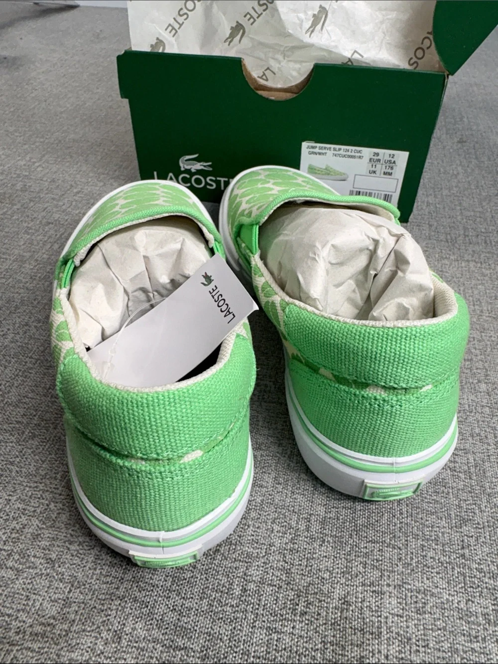 Lacoste Jump Serve Green and White Slip-On Canvas Sneakers Children’s Size 12 US
